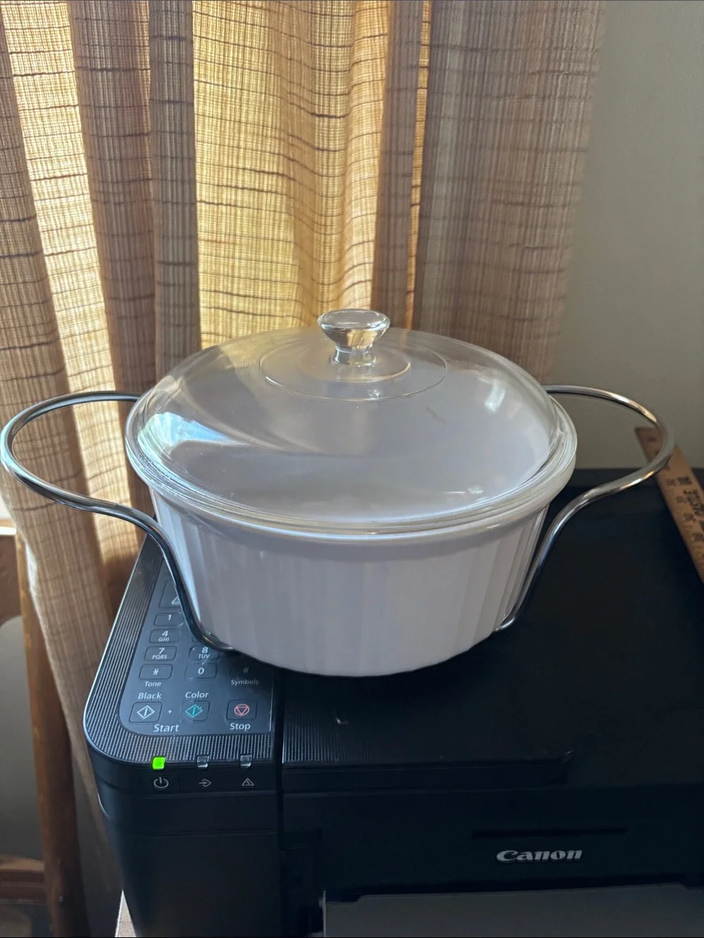 CorningWare French White casserole with cradle